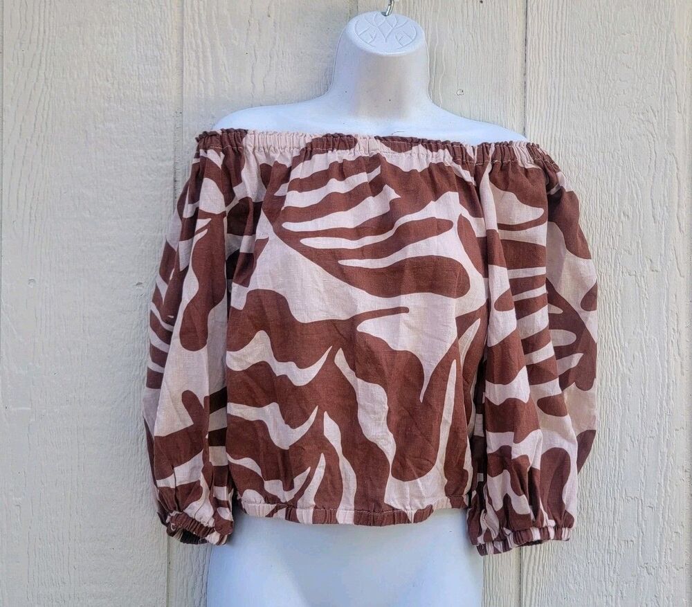 Rachel Zoe Linen Blend Off Shoulder Crop Top Sz S Crm/brwn Tropical Puff Slv